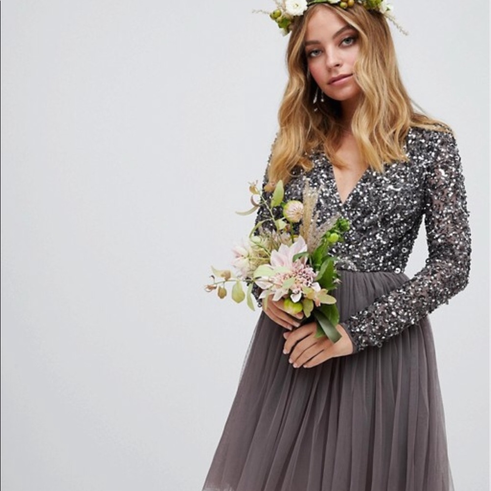 Maya Gray Sequin Twill Dress Long Sleeve, Petite